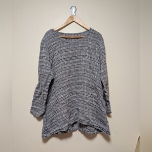 FLAX Women’s L Gray Plaid 100% Linen Top Tunic 3/4 Sleeve